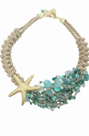 Collana girocollo regolabile realizzata artigianalmente con cordone, stella in ottone , quarzi,resine e cristalli.lunghezza 50cm Spedizione Gratuita