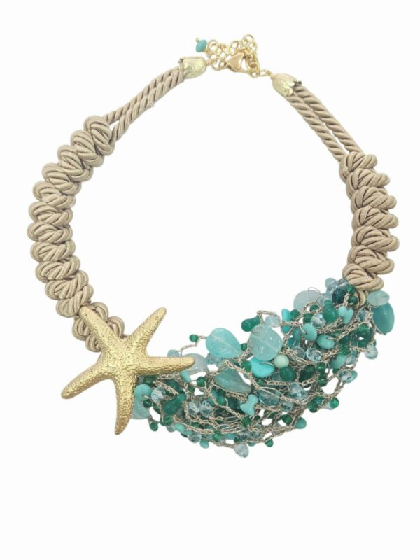 Collana girocollo regolabile realizzata artigianalmente con cordone, stella in ottone , quarzi,resine e cristalli.lunghezza 50cm Spedizione Gratuita