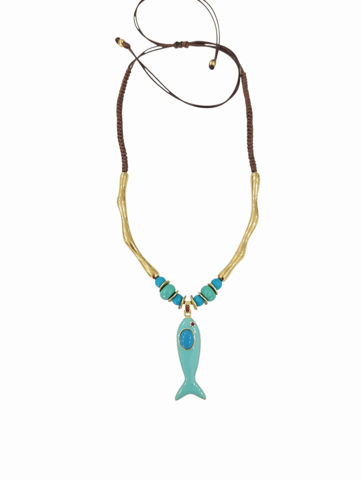 Collana lunghezza regolabile realizzata artigianalmente con tessuto,elementi in ottone,elementi in resina turchesi e pesce in ottone smaltato. Spedizione Gratuita