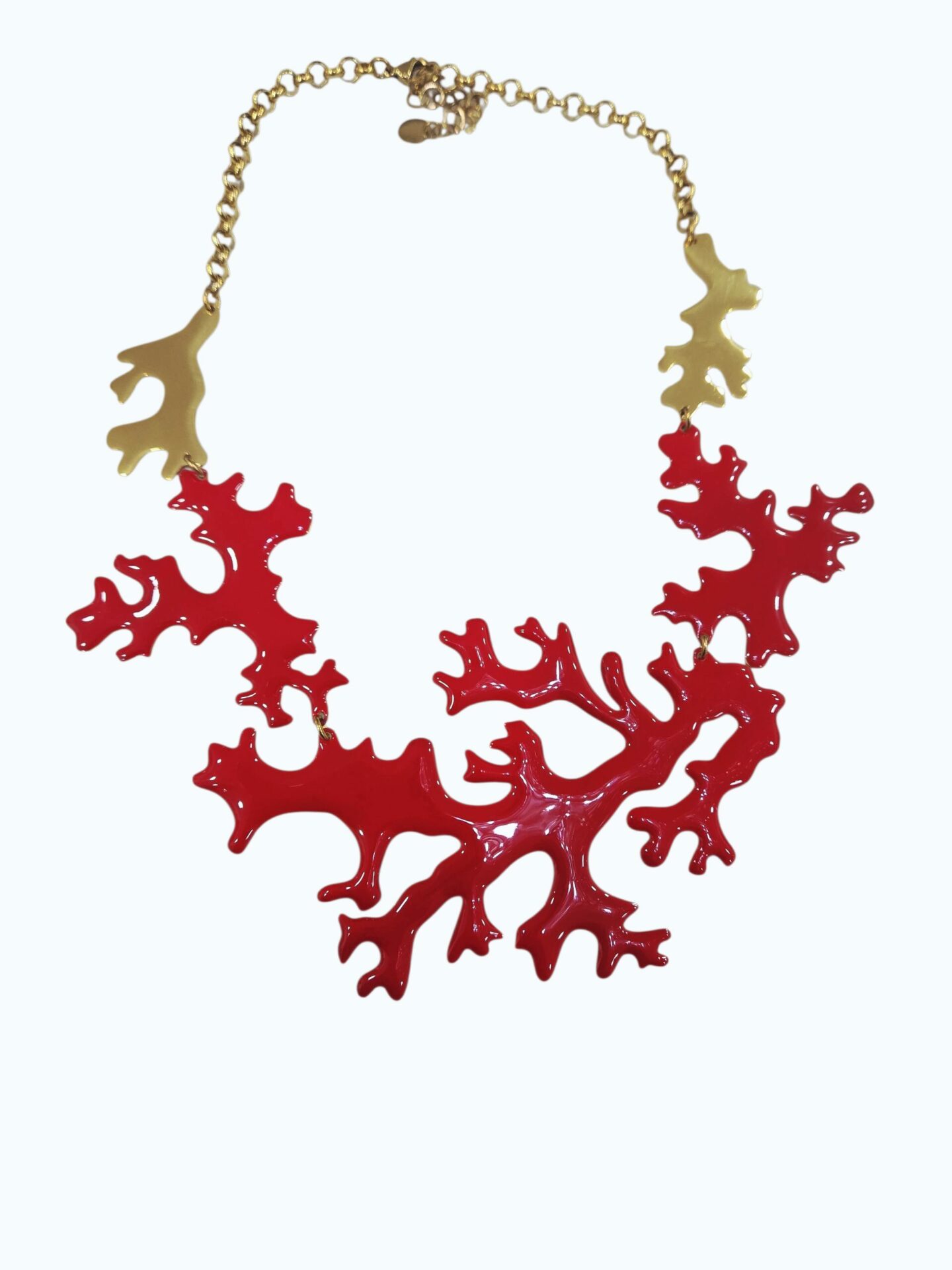 Collana girocollo regolabile realizzata con rami in acciaio smaltati rossi e dorati. lunghezza 44cm Spedizione Gratuita