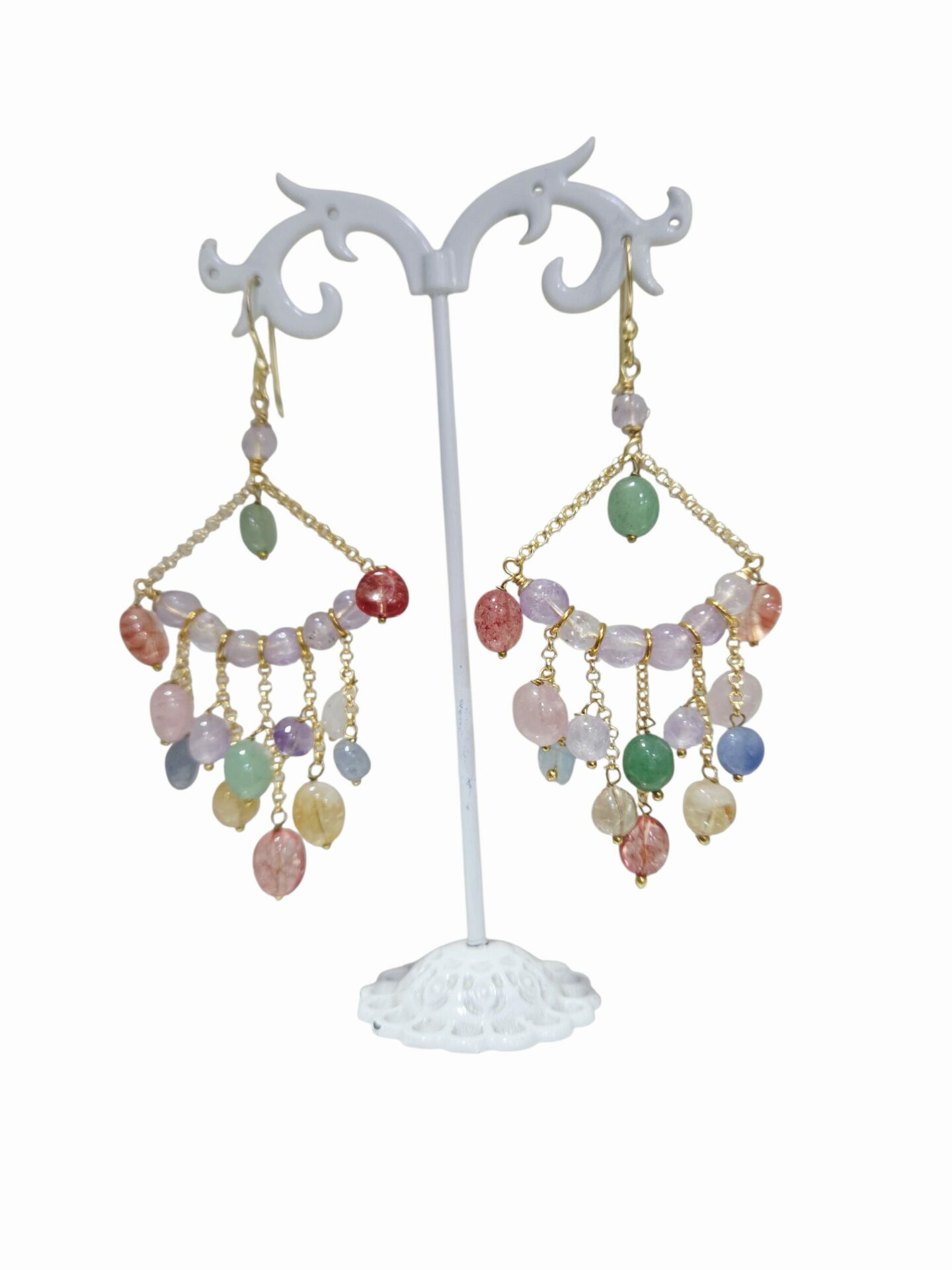 Orecchini  realizzati artigianalmente con quarzi ed ottone lunghezza 8.5cm peso 9.3gr Spedizione Gratuita