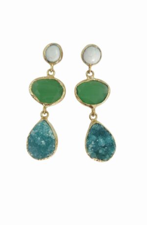 Orecchini realizzati con perno perla di fiume, occhio di gatto verde e druzy verde circondati da ottone
lunghezza 5cm
peso 8.1gr Spedizione Gratuita