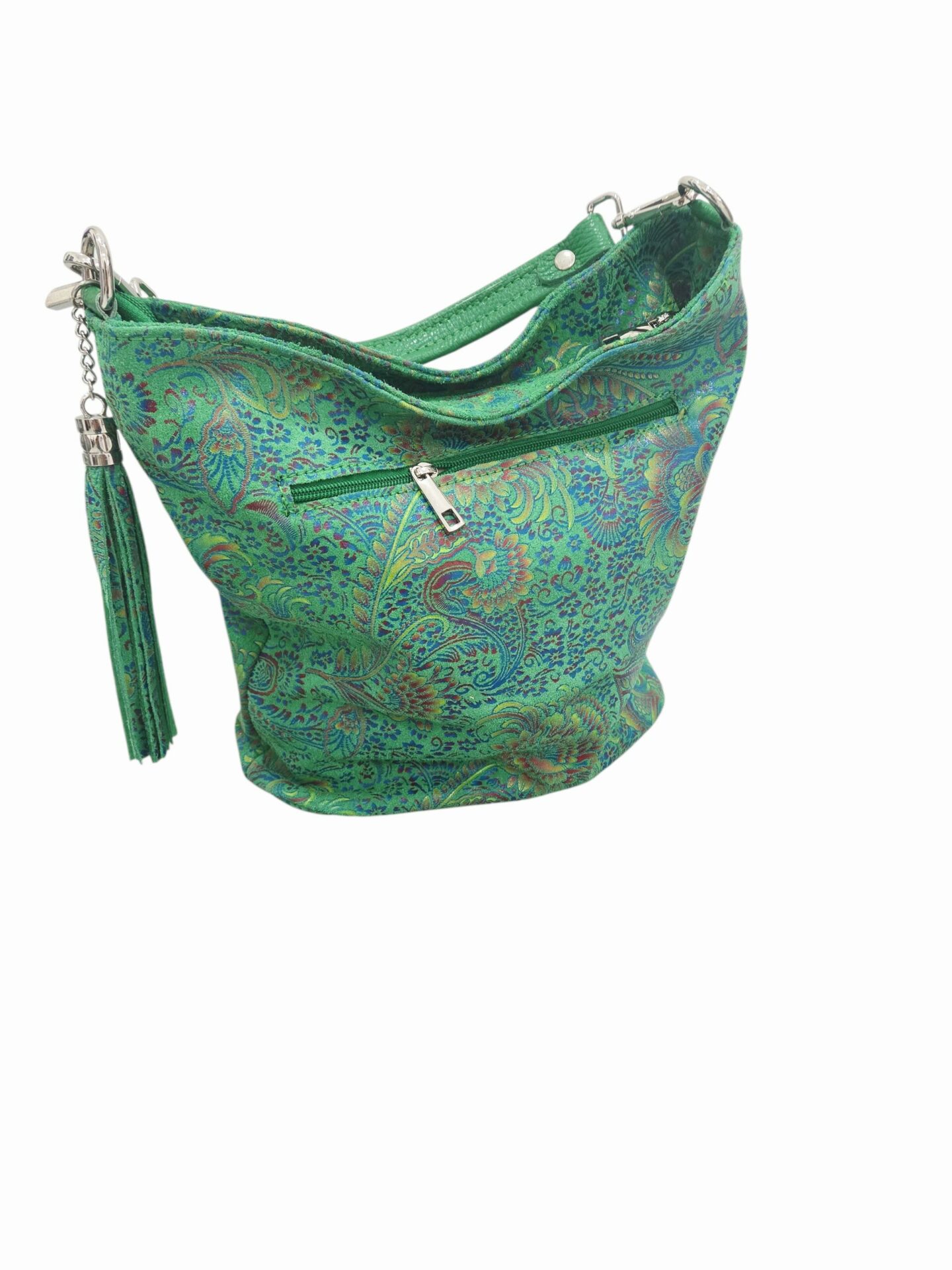 Secchiello in vera pelle stampata ,made Italy, con tracolla tasca con zip esterna. interno foderato con tasca laterale e chiusura con zip. colore verdeMisure H29 B13L 17 Spedizione Gratuita