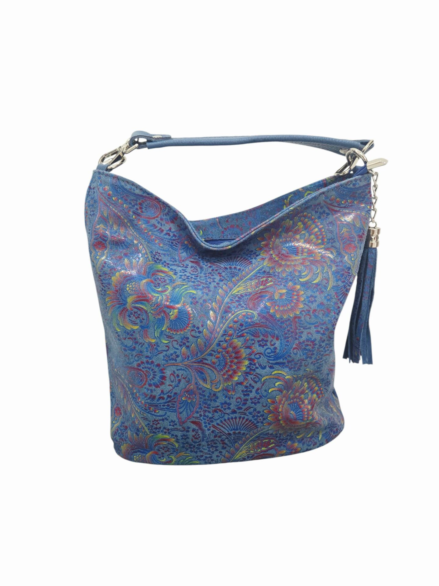 Secchiello in vera pelle stampata ,made Italy, con tracolla tasca con zip esterna. interno foderato con tasca laterale e chiusura con zip. colore bluMisure H29 B13L 17 Spedizione Gratuita