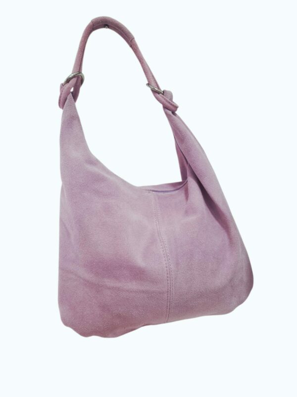 Borsa Sacca in camoscio rosa con interno foderato tasca con zip interna, chiusra con zip. vera pelle made italy.Misure H33 L 37 manico 31 Spedizione Gratuita