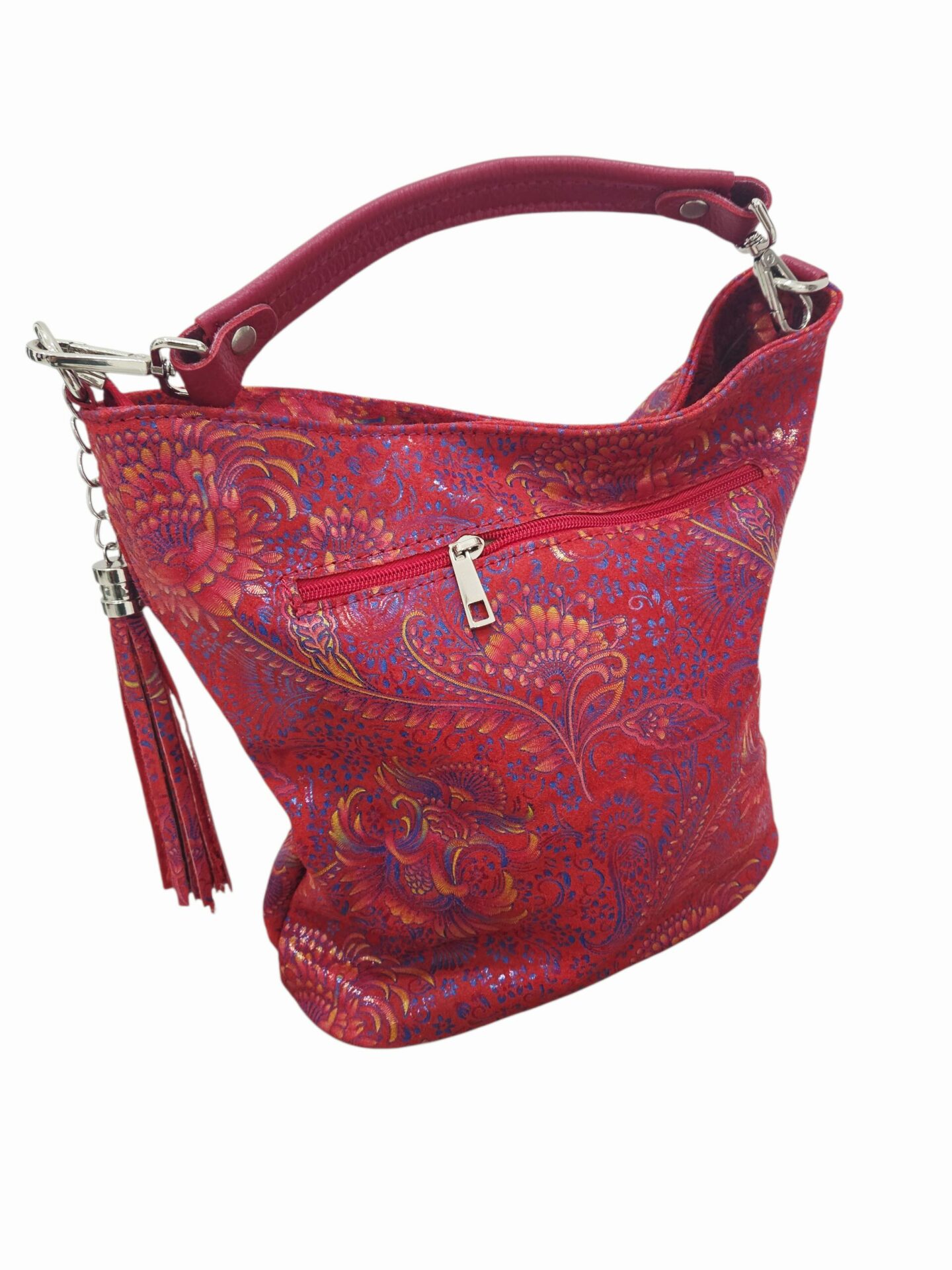Secchiello in vera pelle stampata ,made Italy, con tracolla tasca con zip esterna. interno foderato con tasca laterale e chiusura con zip. colore rossoMisure H29 B13L 17 Spedizione Gratuita