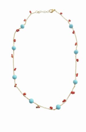 Girocollo regolabile realizzato con sfere in pasta di turchese, corallo e catena dorata anallergica in ottonelunghezza 54cm Spedizione Gratuita