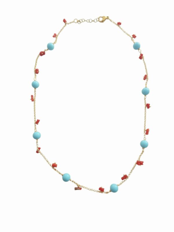 Girocollo regolabile realizzato con sfere in pasta di turchese, corallo e catena dorata anallergica in ottone
lunghezza 54cm Spedizione Gratuita