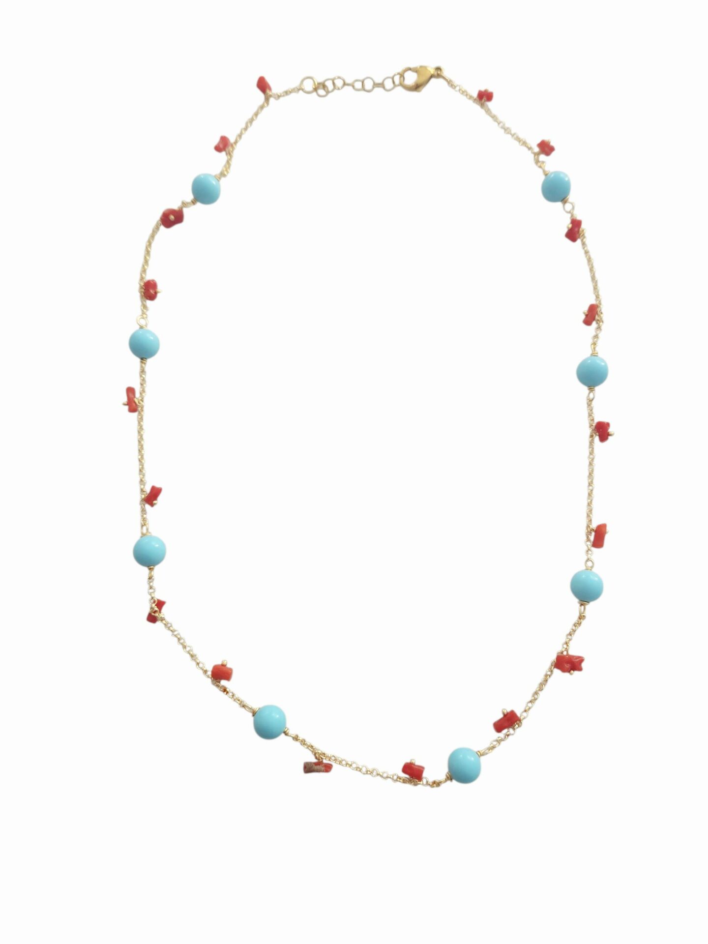 Girocollo regolabile realizzato con sfere in pasta di turchese, corallo e catena dorata anallergica in ottonelunghezza 54cm Spedizione Gratuita