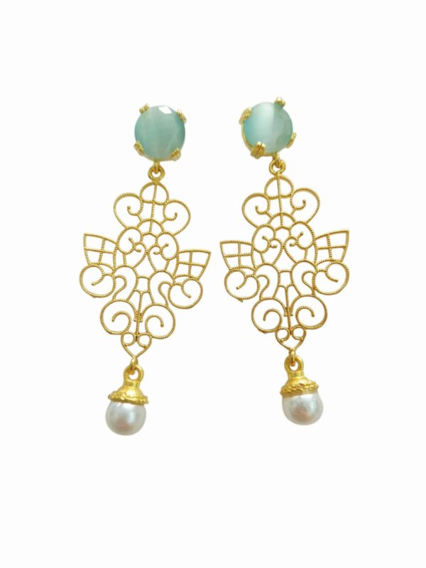 Orecchini  realizzati con ottone, perla di Maiorca e perno occhio di gattolunghezza 6cmpeso 4.2gr Spedizione Gratuita
