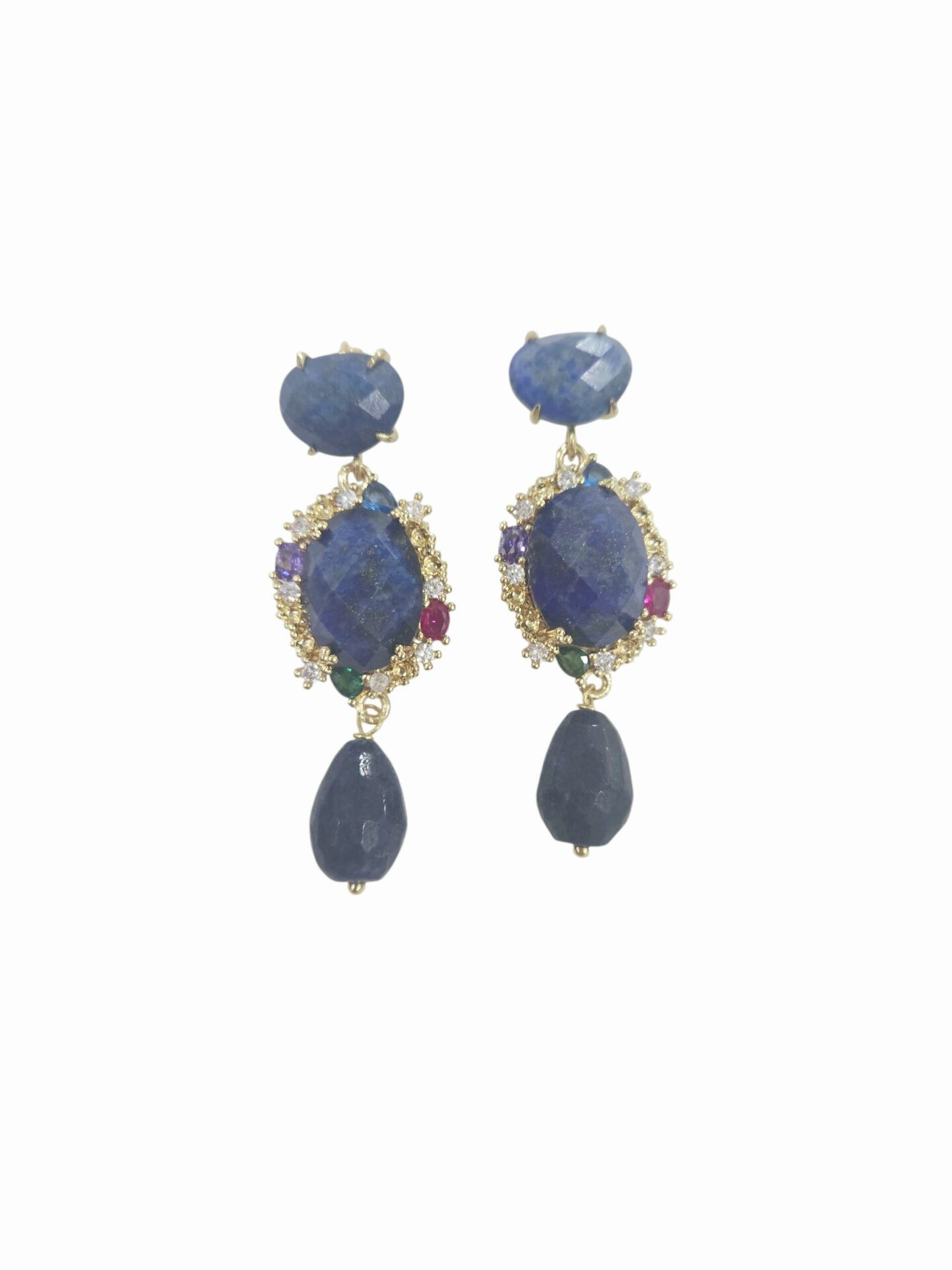 Orecchini  realizzati con lapislazzuli circondati da ottone e zirconi.lunghezza 5cmpeso 8.1gr Spedizione Gratuita