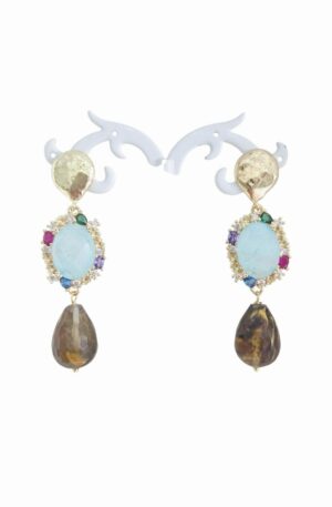 Orecchini  realizzati con quarzi e zirconi incastonati nell ottone. perno piatto in ottone lucidolunghezza 6cmpeso 10.2gr Spedizione Gratuita