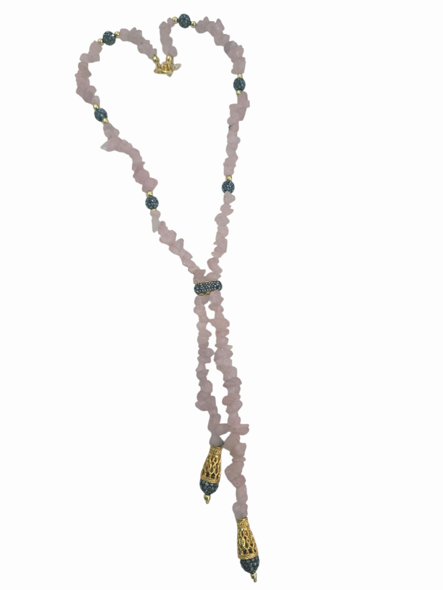 Collana realizzata con marcasite e chips di quarzo rosa,elementi dorati in ottonelunghezza regolabile 49cmlunghezza ciuffo 15cm Spedizione Gratuita