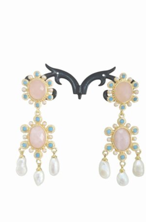 Orecchini  realizzati con quarzo rosa,tuechese e perle di fiume su base in ottone.lunghezza 6.5cmpeso 10.7gr Spedizione Gratuita