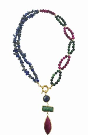 Collana girocollo realizzata con lapislazzuli e pietre naturali, chiusura in acciaio e ciondolo in pietre naturali contornato da ottonelunghezza girocollo 47cmlunghezza ciondolo 8cm Spedizione Gratuita