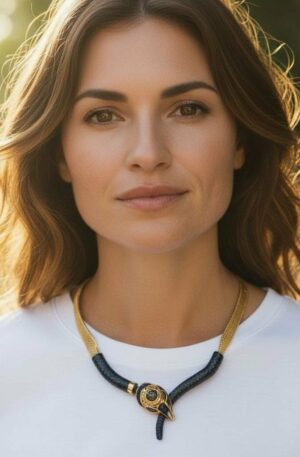 Choker necklace crafted from hammered brass and featuring an enameled brass snake with zirconia eyes. Free Shipping. Collana girocollo realizzata su ottone battuto e serpente ottone smaltato con occhi con zirconi. Spedizione Gratuita