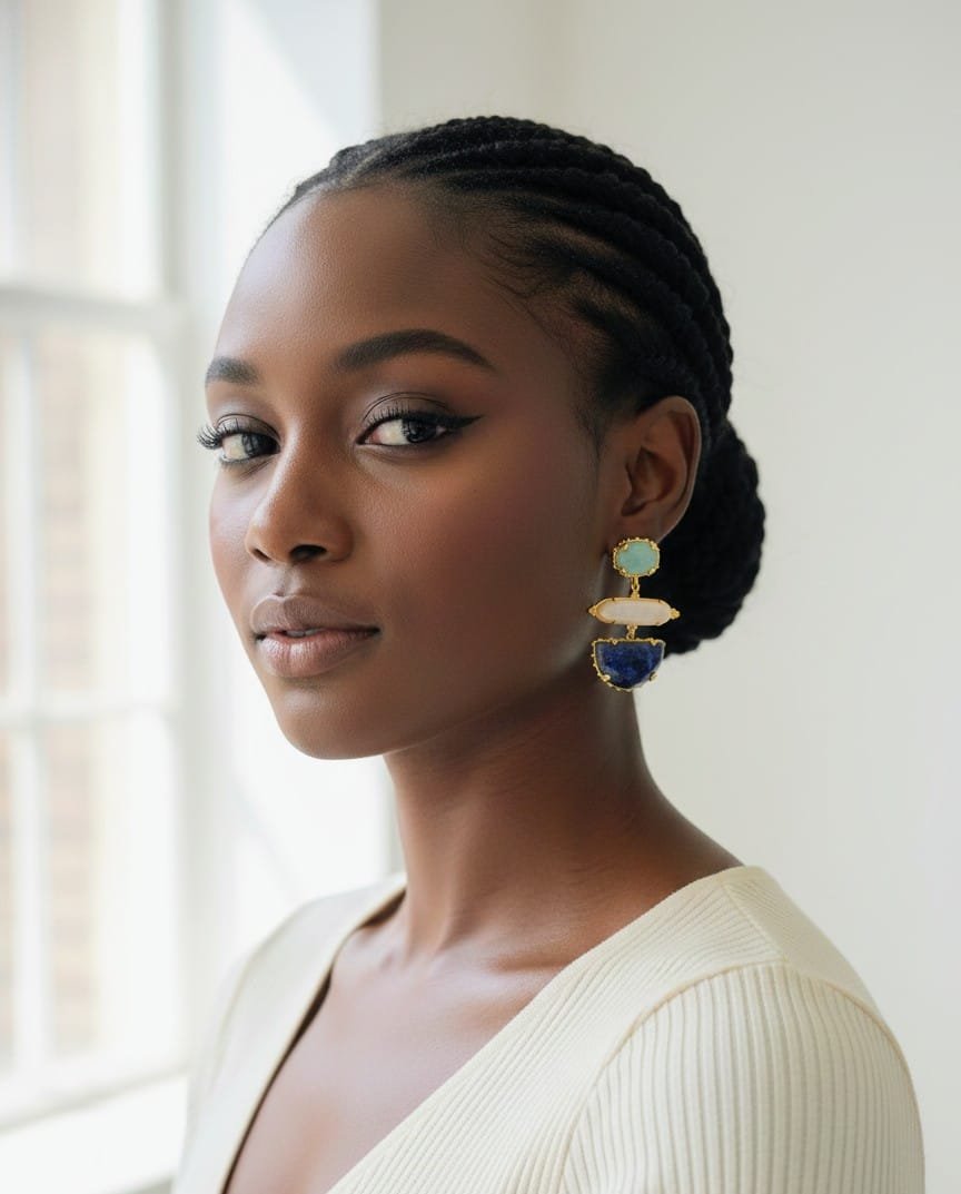 Earrings made with natural stones: lapis lazuli, moonstone, and amazonite on a brass base. Length: 5 cm. Weight: 16.9 g. Free Shipping. Orecchini realizzati con pietre naturali: lapislazzuli,pietra di luna e amazzonite su base in ottone. lunghezza 5cm peso 16.9gr Spedizione Gratuita