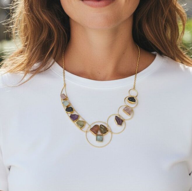 Collana girocollo realizzata con ottone e pietre naturali incastonate 
lunghezza regolabile 41cm Spedizione Gratuita