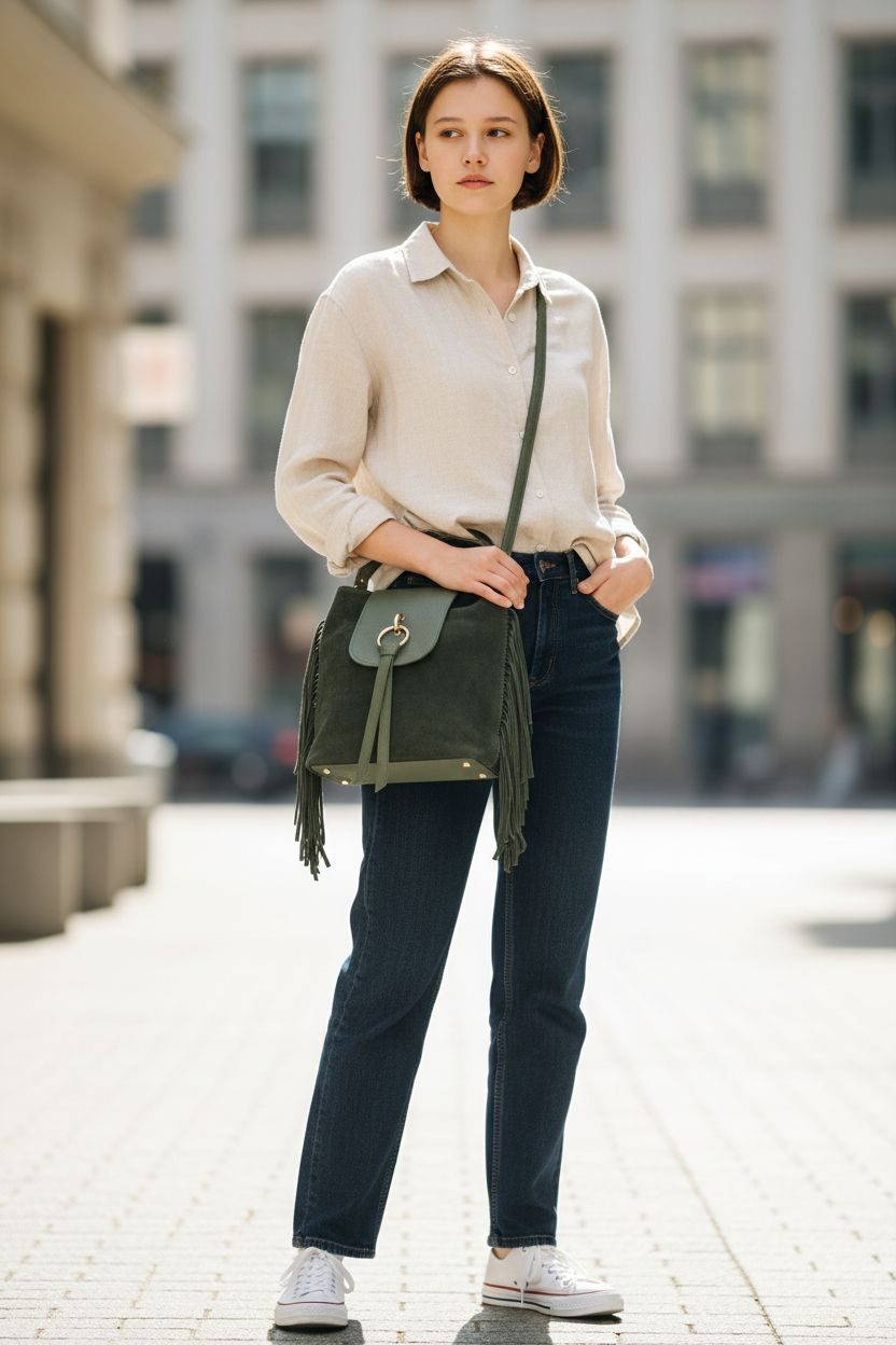 Borsa in vera pelle e camoscio,made Italy, con frange laterali, verde oliva,dotata di pattina apertura con zip interno unico foderato con tasche laterali, tracolla, zip esterna e tacchetti sulla base.Misure H26 B15 L30 Spedizione Gratuita