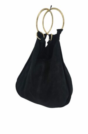 Borsa sacca nuda in camoscio,made Italy, con borsellino estraibile,chiusura con bottone magnetico,tracolla lunga e manici tondi dorati possibilità di indossarla a mano o mezzo braccioColore neroMisure H32 B7 L27 Spedizione Gratuita