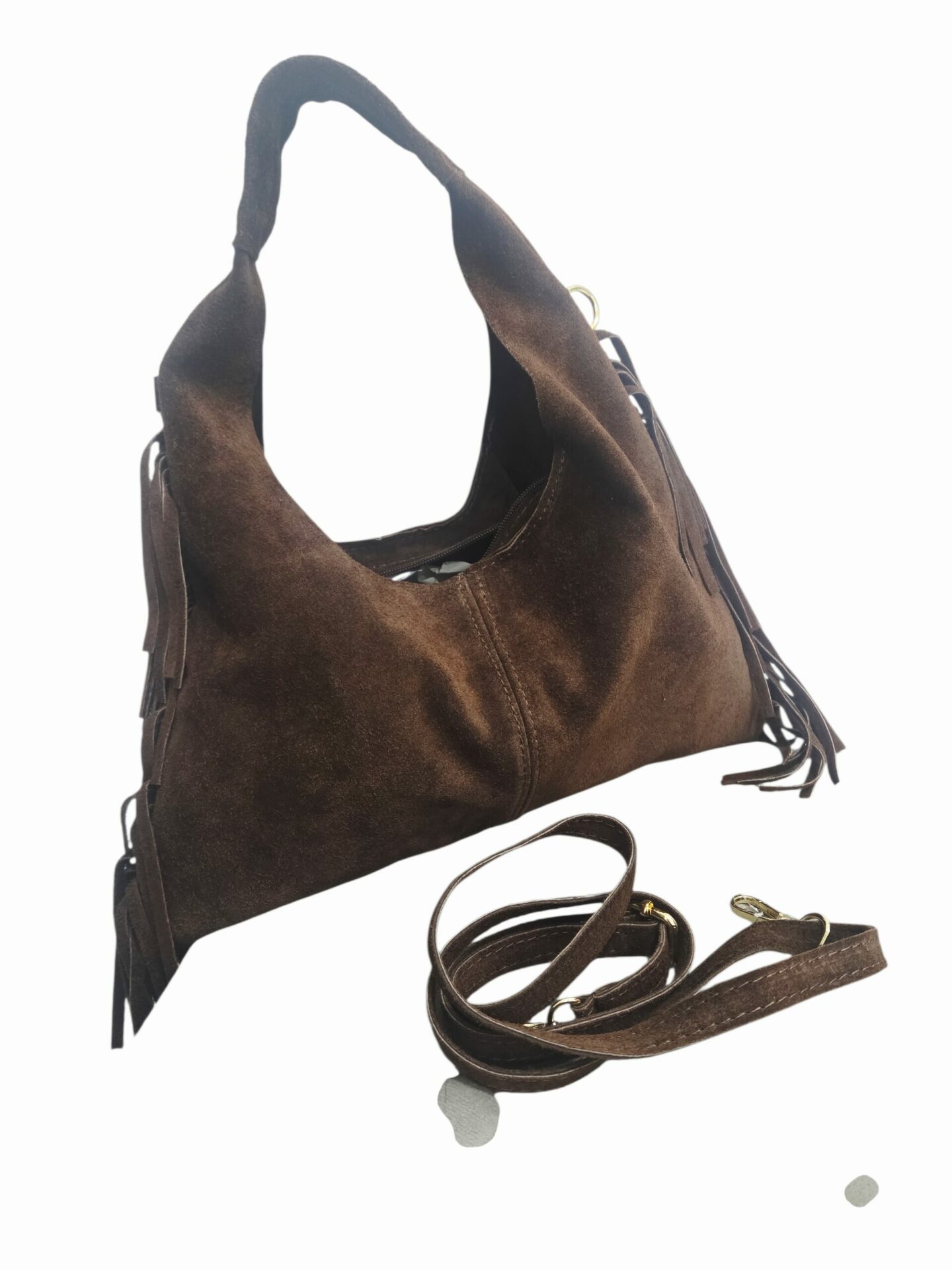 Borsa in camoscio marrone,vera pelle made aitaly,con frange laterali,dotata di tracolla chiusura con zip.misure L34 H18 Spedizione Gratuita Borsa in camoscio marrone,vera pelle made aitaly,con frange laterali,dotata di tracolla chiusura con zip.misure L34 H18 Spedizione Gratuita