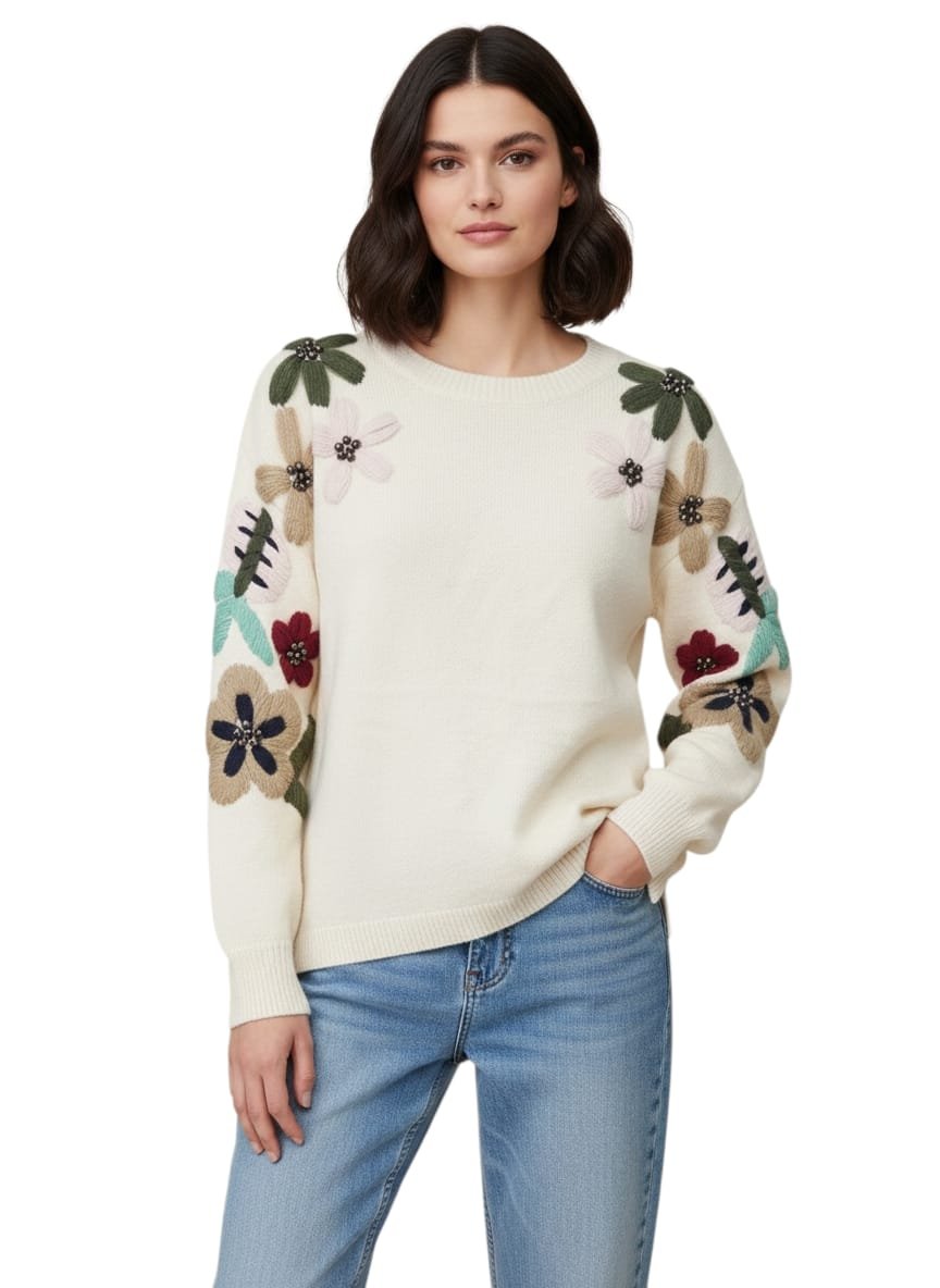 Maglione panna con lavorazione floreale in tessuto nella maniche, più lungo dietro e spacchette laterali.taglia unica composizione 74% acrilico 22% poliestere 4% spandes Spedizione Gratuita Maglione panna con lavorazione floreale in tessuto nella maniche, più lungo dietro e spacchette laterali.taglia unica composizione 74% acrilico 22% poliestere 4% spandes Spedizione Gratuita