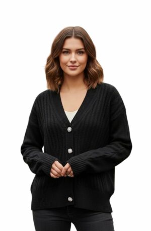 Cardigan nero con bottoni gioiello rigato davanti e dietro liscio Spedizione Gratuita