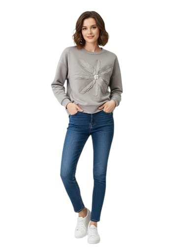 Felpa con fiore in tessuto e centrale con punti luce, tagli unica, colore taupe. composizione 50% poliestere 45 % viscosa 5% elastame Spedizione Gratuita Felpa con fiore in tessuto e centrale con punti luce, tagli unica, colore taupe. composizione 50% poliestere 45 % viscosa 5% elastame Spedizione Gratuita