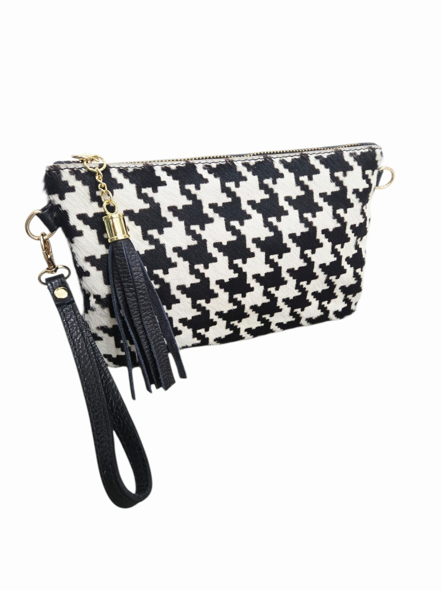 Tracollina in cavallino bianco nero e vera pelle, con polsiera, tracolla e nappina, made Italy, misure L 24 H15 Spedizione Gratuita Tracollina in cavallino bianco nero e vera pelle, con polsiera, tracolla e nappina, made Italy, misure L 24 H15 Spedizione Gratuita