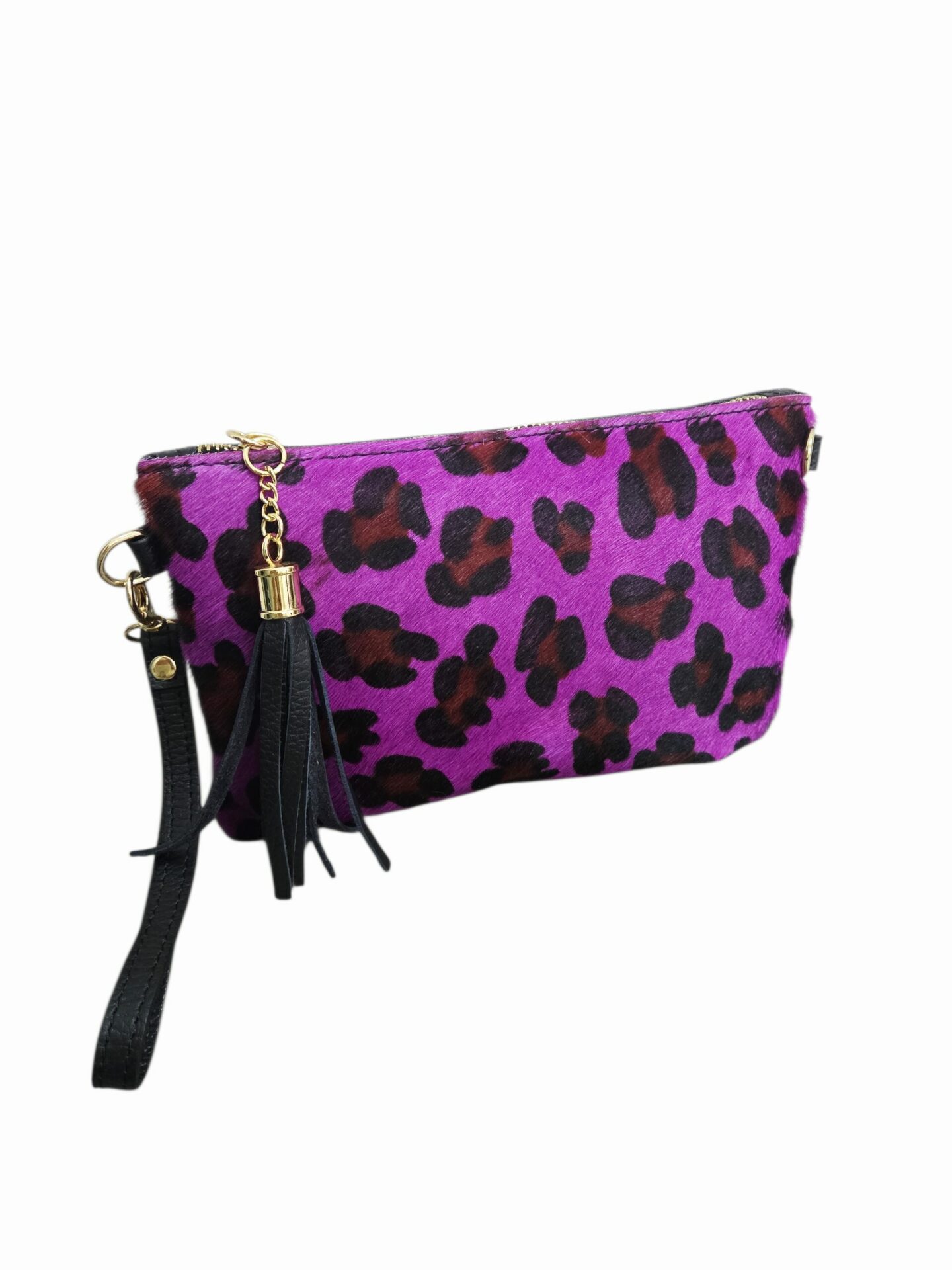 Tracollina in cavallino maculato fucsia e vera pelle, con polsiera, tracolla e nappina, made Italy, misure L 24 H15 Spedizione Gratuita Tracollina in cavallino maculato fucsia e vera pelle, con polsiera, tracolla e nappina, made Italy, misure L 24 H15 Spedizione Gratuita