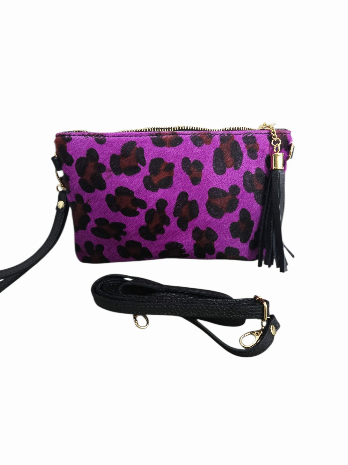 Tracollina in cavallino maculato fucsia e vera pelle, con polsiera, tracolla e nappina, made Italy, misure L 24 H15 Spedizione Gratuita Tracollina in cavallino maculato fucsia e vera pelle, con polsiera, tracolla e nappina, made Italy, misure L 24 H15 Spedizione Gratuita