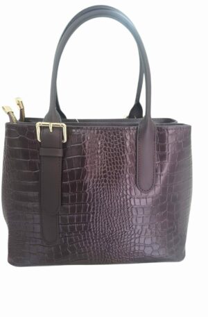 Borsa in vera pelle marrone cioccolato, stampo coccodrillo, con doppia apertura con zip, dotata di tracolla. interno foderato con tasche laterali. vera pelle made Italy 
misure L 31 B12  H24 Spedizione Gratuita