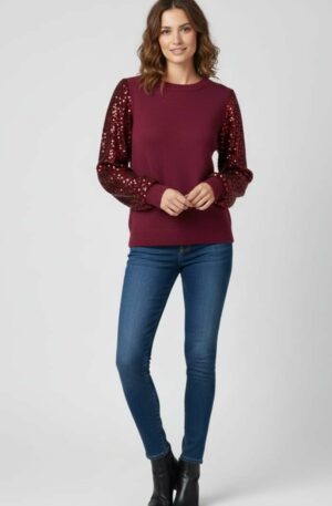Maglione caldo bordeaux con maniche foderate con paillettes a rombi. taglia unica Spedizione Gratuita