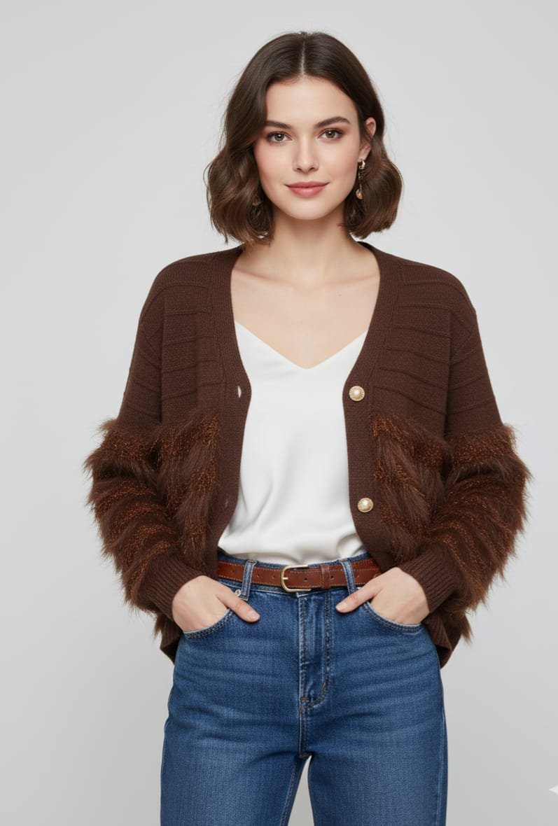 Cardigan caldo pelosino con tessuto lurex e bottoni gioiello colore marrone, taglia unica. Spedizione Gratuita Cardigan caldo pelosino con tessuto lurex e bottoni gioiello colore marrone, taglia unica. Spedizione Gratuita