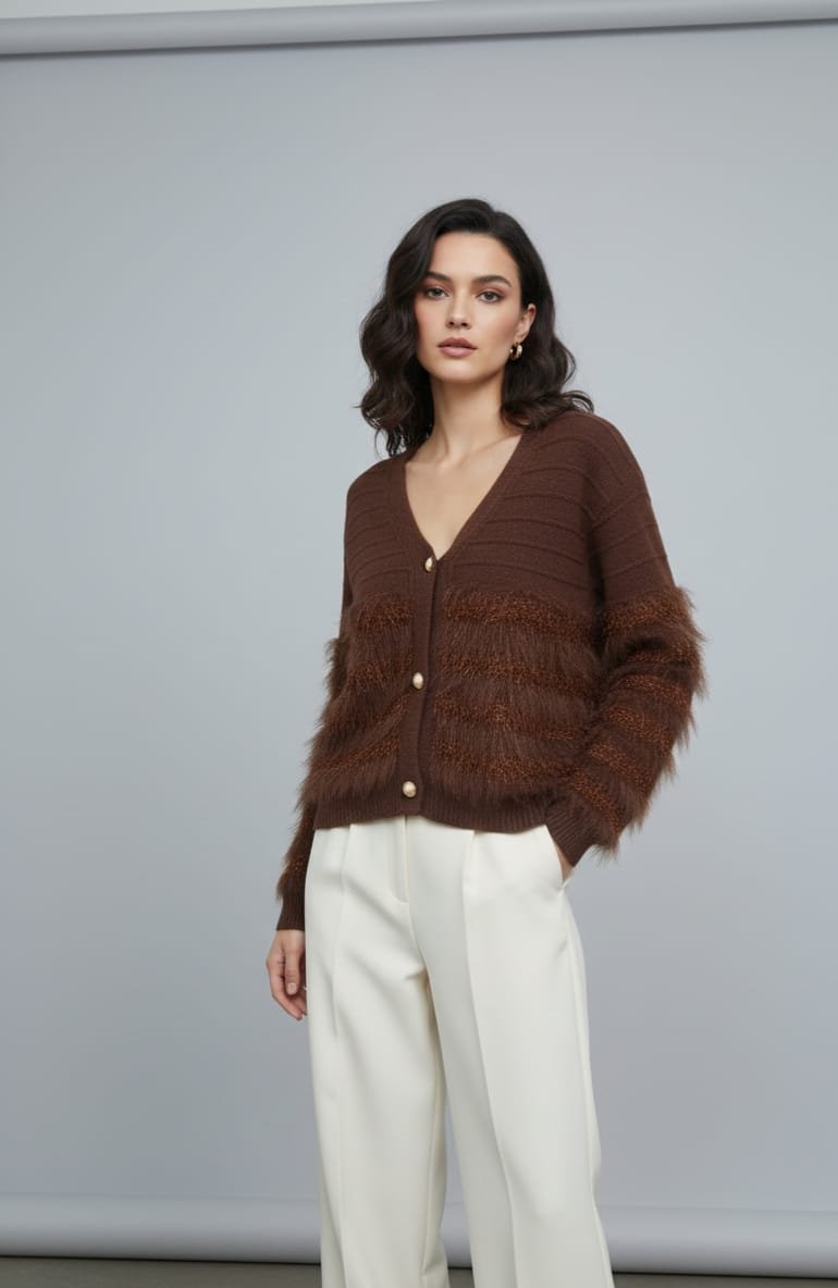 Cardigan caldo pelosino con tessuto lurex e bottoni gioiello colore marrone, taglia unica. Spedizione Gratuita Cardigan caldo pelosino con tessuto lurex e bottoni gioiello colore marrone, taglia unica. Spedizione Gratuita