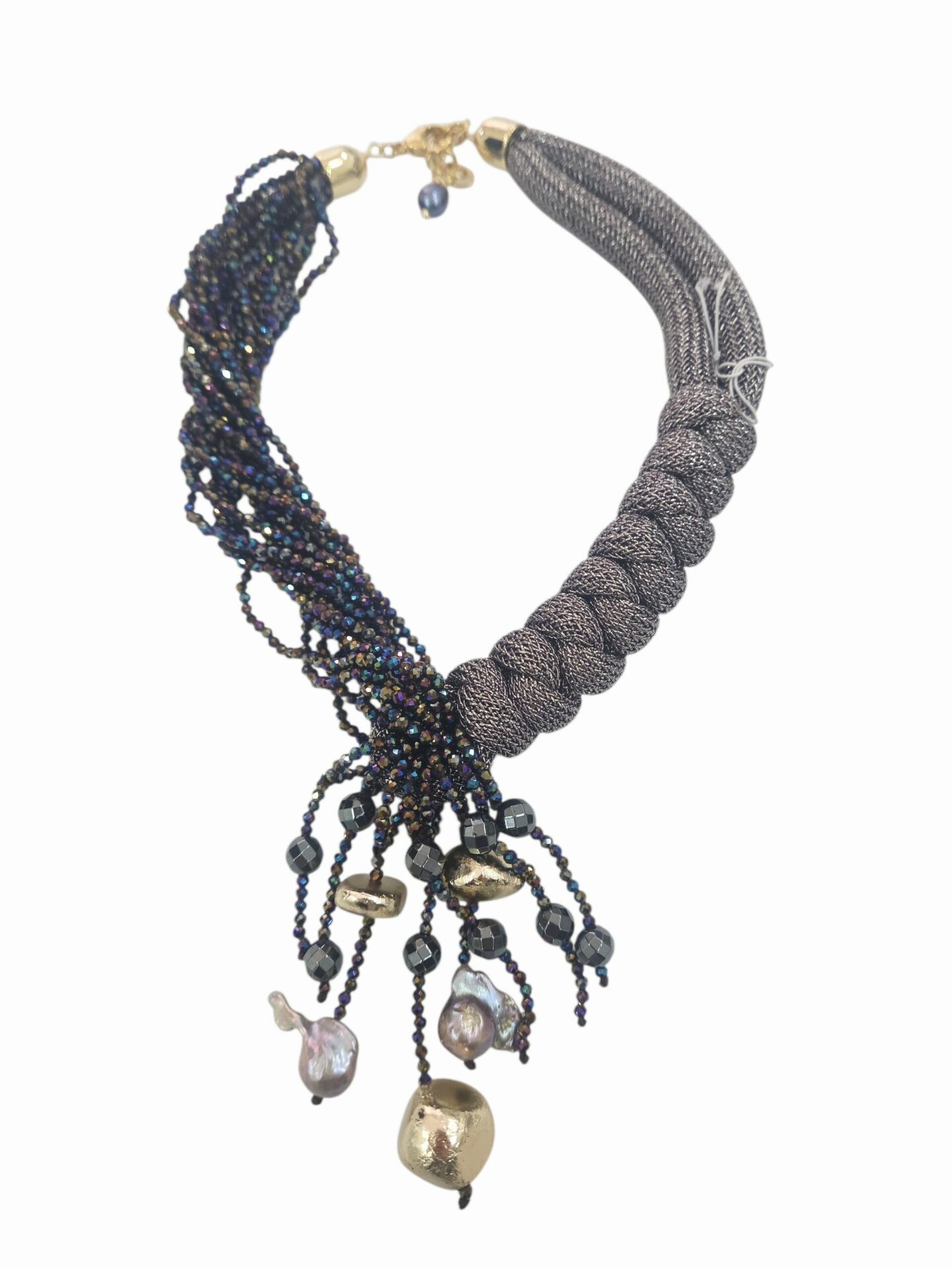 Collana girocollo realizzata con tessuto,ematite,perle scaramazze grigie,elementi dorati e cristalli cangianti. lunghezza regolabile 45cm Spedizione Gratuita