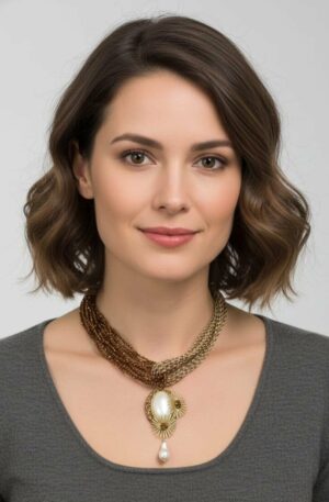 Collana girocollo realizzata con tessuto e zirconi marroni intagliati,ciondolo realizzato con elementi dorati e perla scaramazza. 
lunghezza regolabile 45cm Spedizione Gratuita