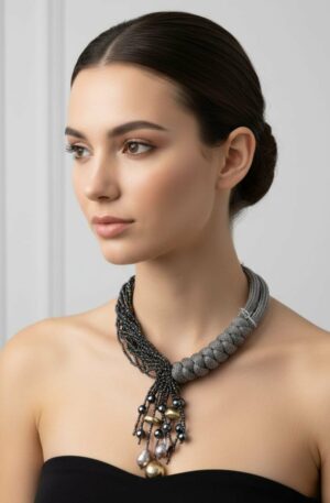 Collana girocollo realizzata con tessuto,ematite,perle scaramazze grigie,elementi dorati e cristalli cangianti. lunghezza regolabile 45cm Spedizione Gratuita