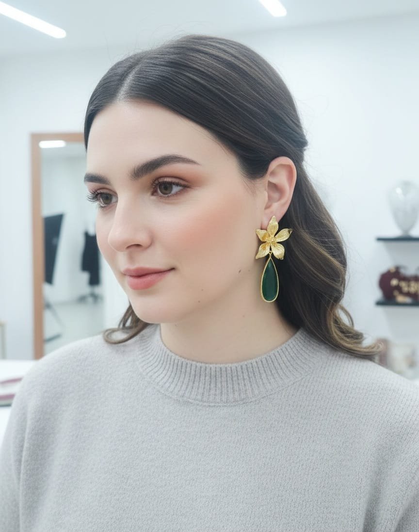 Orecchini  realizzati  con fiore lobo in ottone e goccia occhio di gatto verdelunghezza 7.5cmpeso 8.5gr Spedizione Gratuita