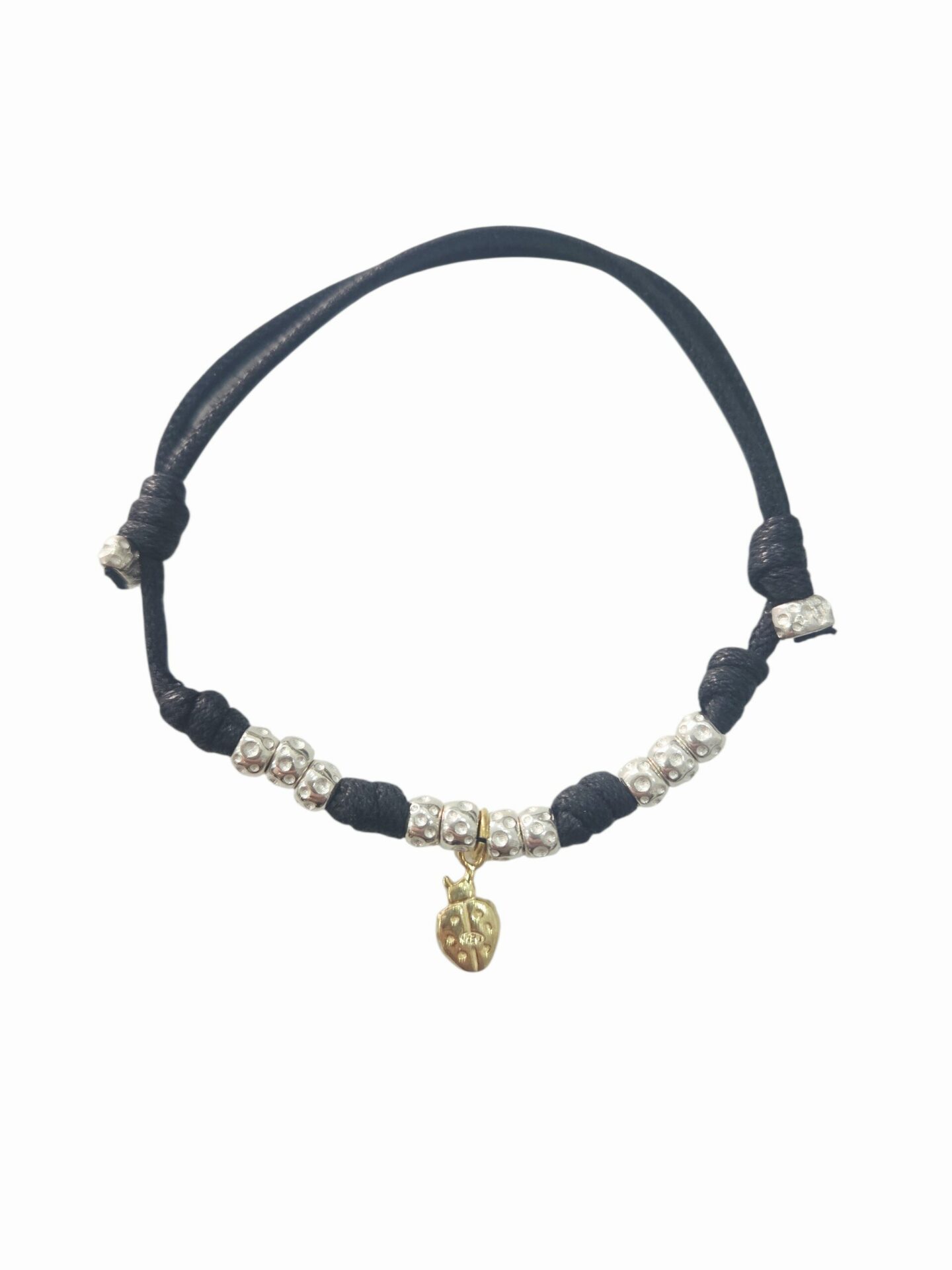 Bracciale modello dodo regolabile,unisex, realizzato con tessuto nero lavabile,dadini in argento925 e ciondolo coccinella dorato in argento925 Spedizione Gratuita
