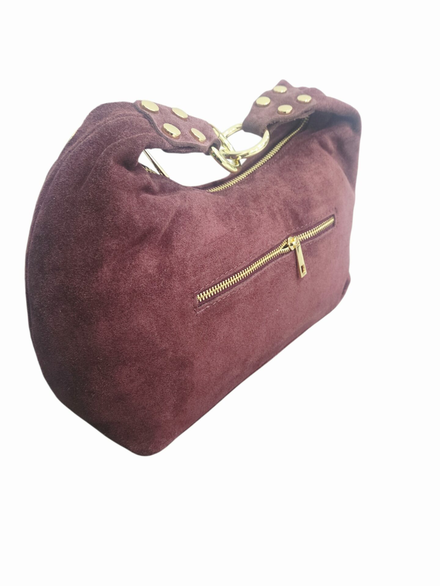 Suede bag with gold studs, genuine leather, made in Italy, with shoulder strap, external zip pocket, lined interior with side pockets, zip closure. Dark burgundy color. Dimensions: L 31 W 12 H 190 Free shipping Borsa in camoscio con borchie dorate, vera pelle,made italy, dotata di tracolla,tasca esterna con zip, interno foderato con tasche laterali, chiusura con zip. colore bordeaux scuromisure L 31 B12 H190 Spedizione Gratuita