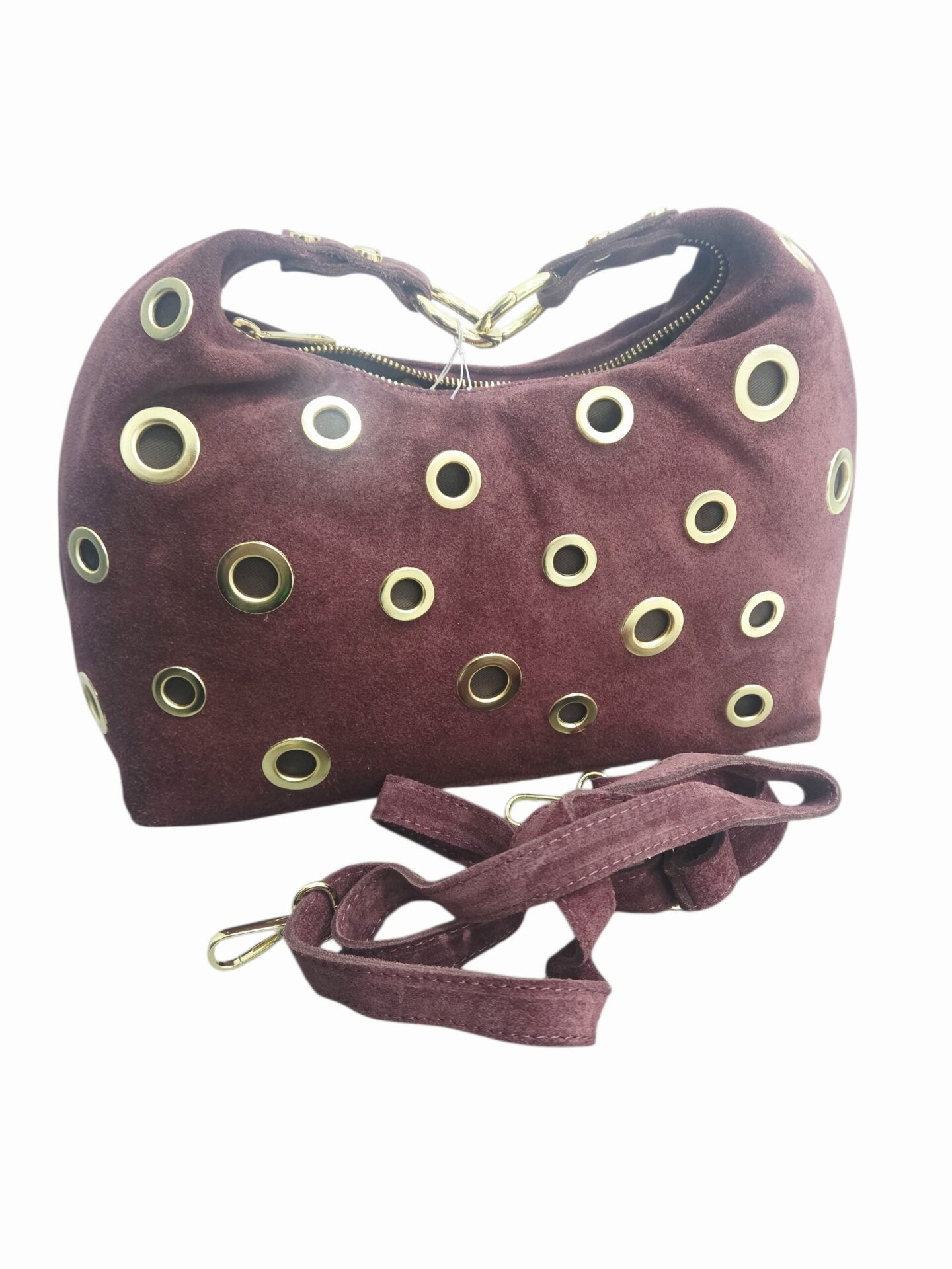 Suede bag with gold studs, genuine leather, made in Italy, with shoulder strap, external zip pocket, lined interior with side pockets, zip closure. Dark burgundy color. Dimensions: L 31 W 12 H 190 Free shipping Borsa in camoscio con borchie dorate, vera pelle,made italy, dotata di tracolla,tasca esterna con zip, interno foderato con tasche laterali, chiusura con zip. colore bordeaux scuromisure L 31 B12 H190 Spedizione Gratuita