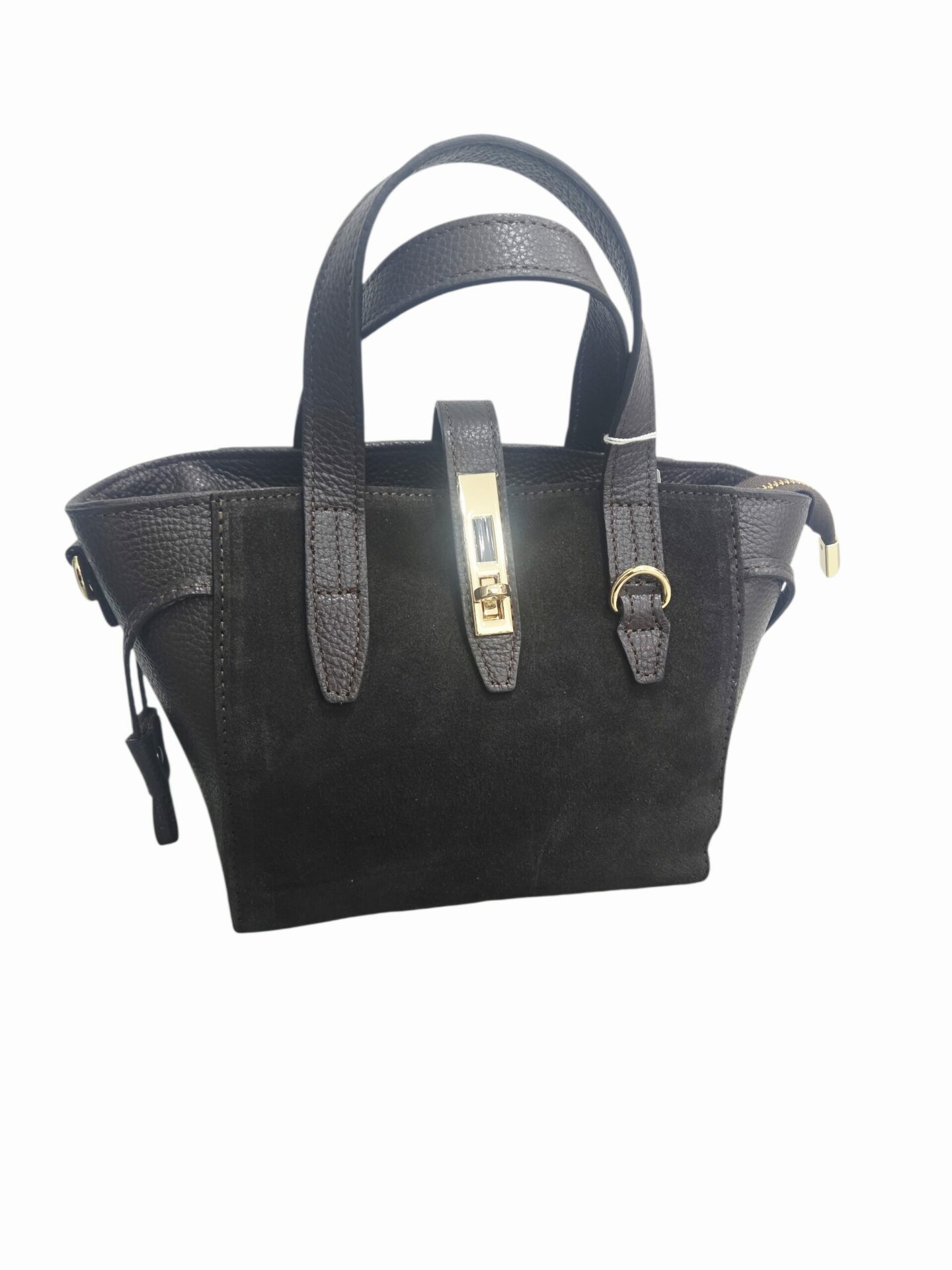 Genuine leather and brown suede bag, made in Italy, with shoulder strap, lined interior with side pockets. Double central zip closure. Dimensions: L 20 W 11 H 19 Free shipping Borsa in vera pelle e camoscio marrone, made Italy, dotata di tracolla, interno foderato con tasche laterali. Chiusura doppia con zip centrale. misure L 20 B 11 H 19 Spedizione Gratuita