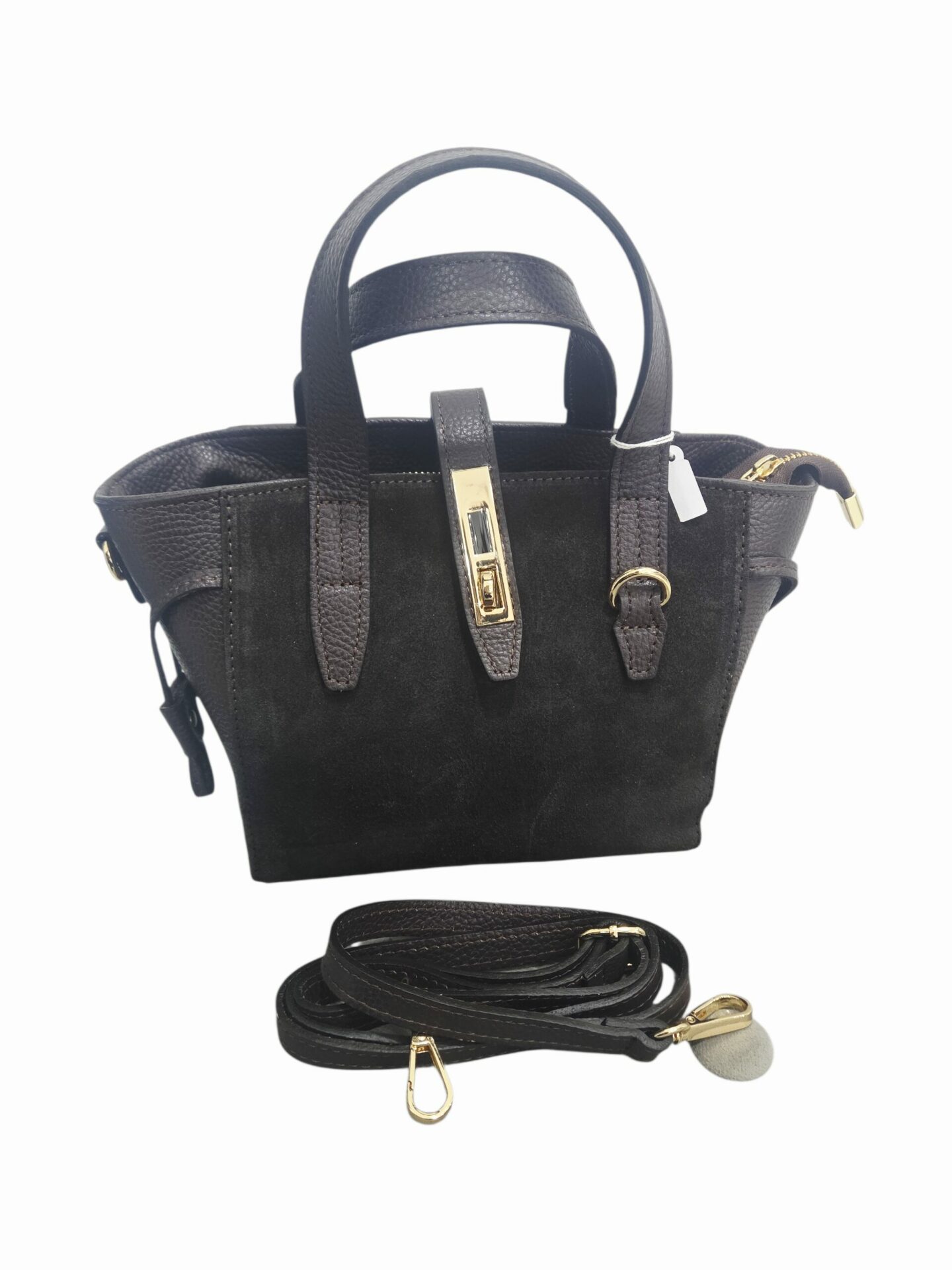Genuine leather and brown suede bag, made in Italy, with shoulder strap, lined interior with side pockets. Double central zip closure. Dimensions: L 20 W 11 H 19 Free shipping Borsa in vera pelle e camoscio marrone, made Italy, dotata di tracolla, interno foderato con tasche laterali. Chiusura doppia con zip centrale. misure L 20 B 11 H 19 Spedizione Gratuita