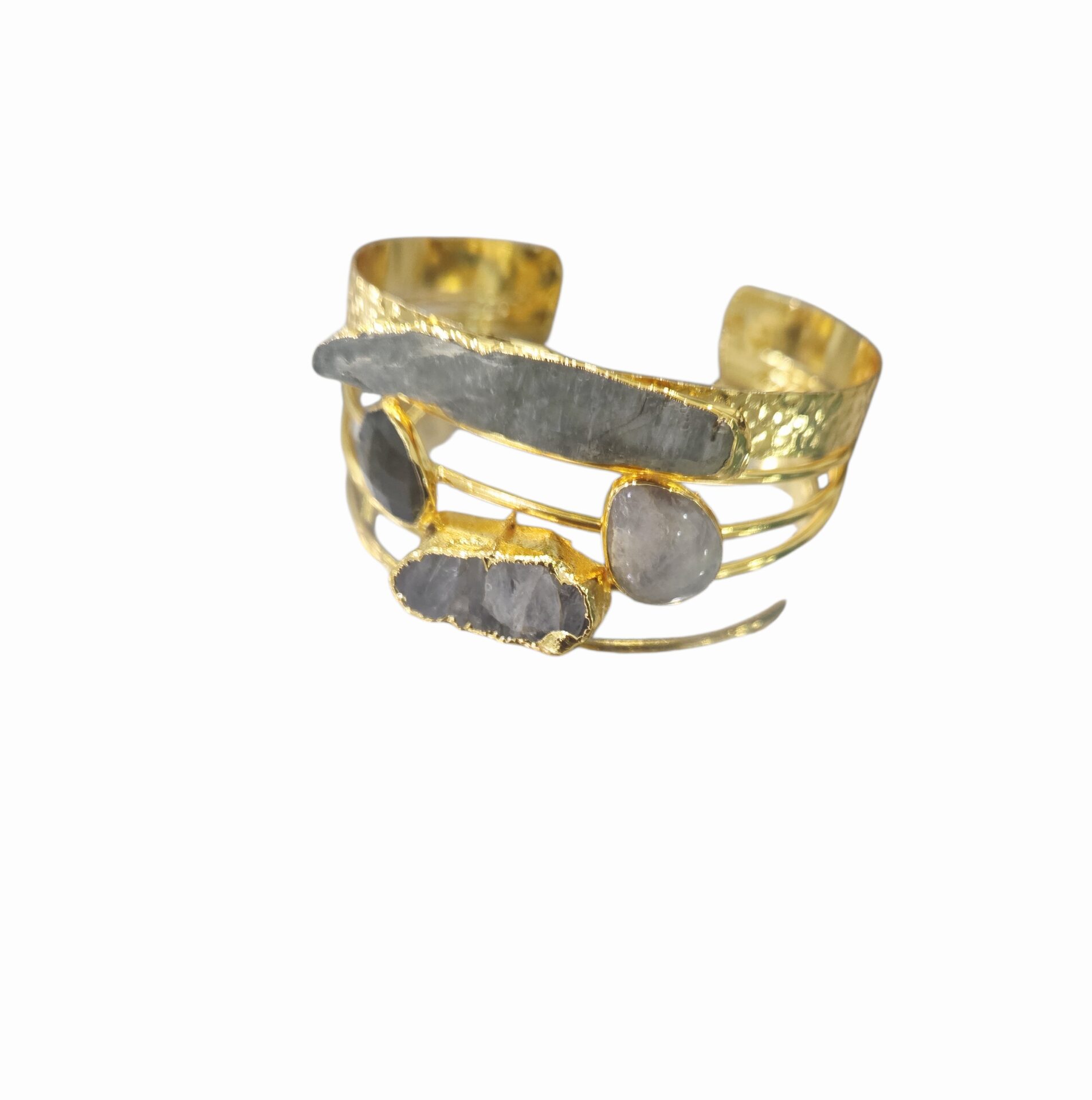 Bracciale ad incastro realizzato artigianalmente in ottone con madreperla grigia, quarzo, pietra di luna e labradorite Spedizione Gratuita