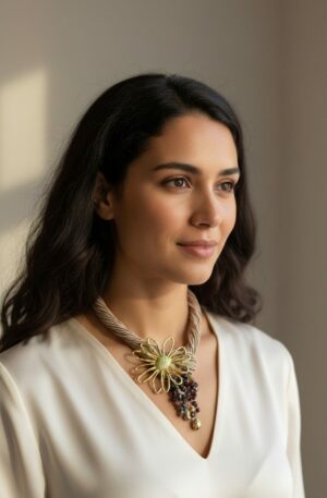 Collana realizzata artigianalmente con tessuto,fiore in ottone e ciuffo di tormalinalunghezza regolabile 45cm Spedizione Gratuita