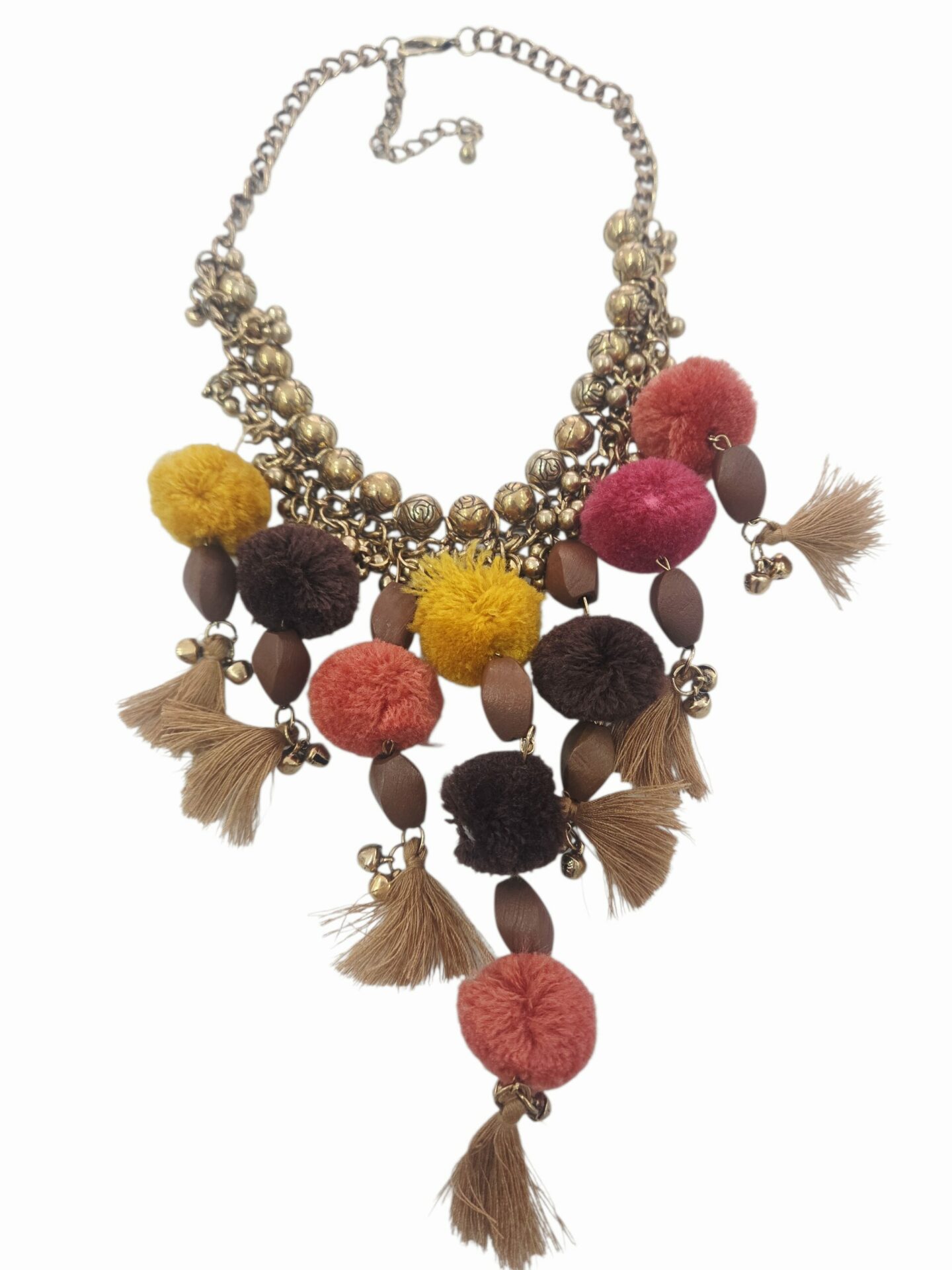 Collana girocollo regolabile realizzata con pom pom e nappine con i colori della terra ed elementi bronzati anallergici.lunghezza 45cm Spedizione Gratuita