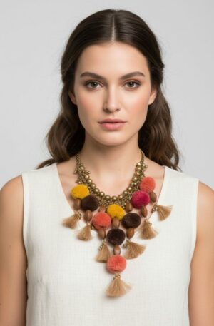 Collana girocollo regolabile realizzata con pom pom e nappine con i colori della terra ed elementi bronzati anallergici.lunghezza 45cm Spedizione Gratuita