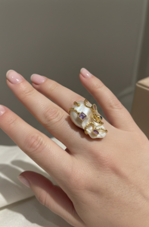 Anello reagolabole realizzato su base in ottone connperla scaramazza e quarzi multicolore Spedizione Gratuita