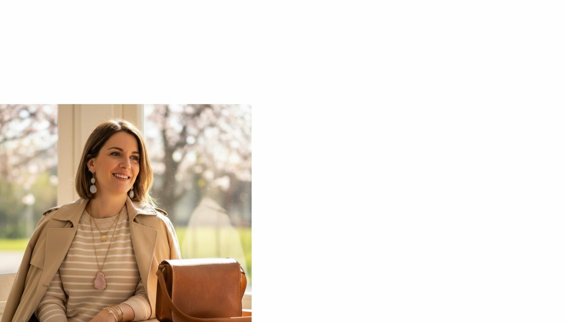 Usa questo testo esatto nel campo "Testo Alternativo" (Alt Text) su WordPress: Donna che indossa gioielli artigianali con pietre naturali e borsa in pelle marrone DadArt per un look cambio stagione primavera.